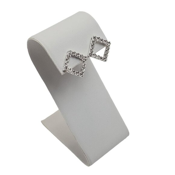 925 Silver Square Frame Rhinestone Post Earrings - Picture 2 of 5